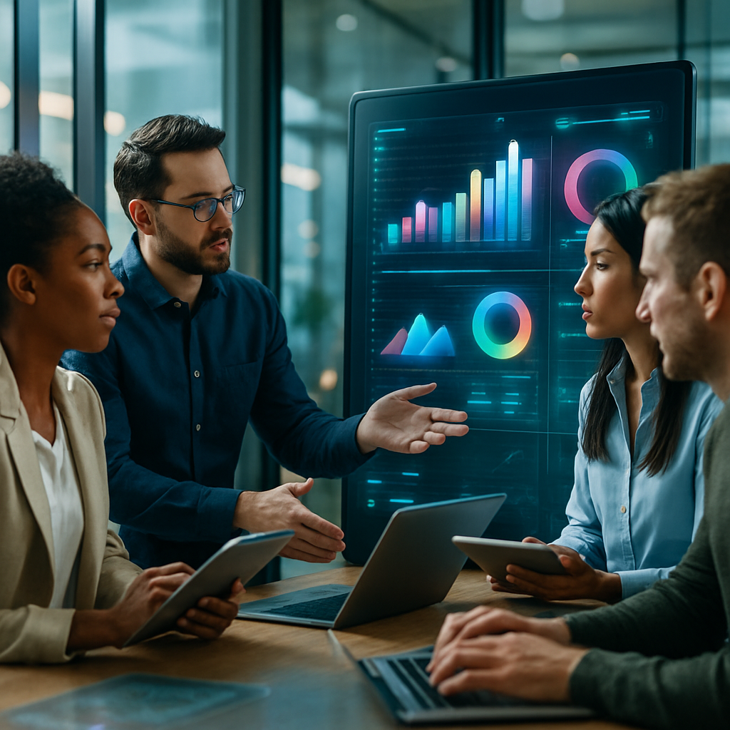 Business professional analyzing CRM data on a digital dashboard